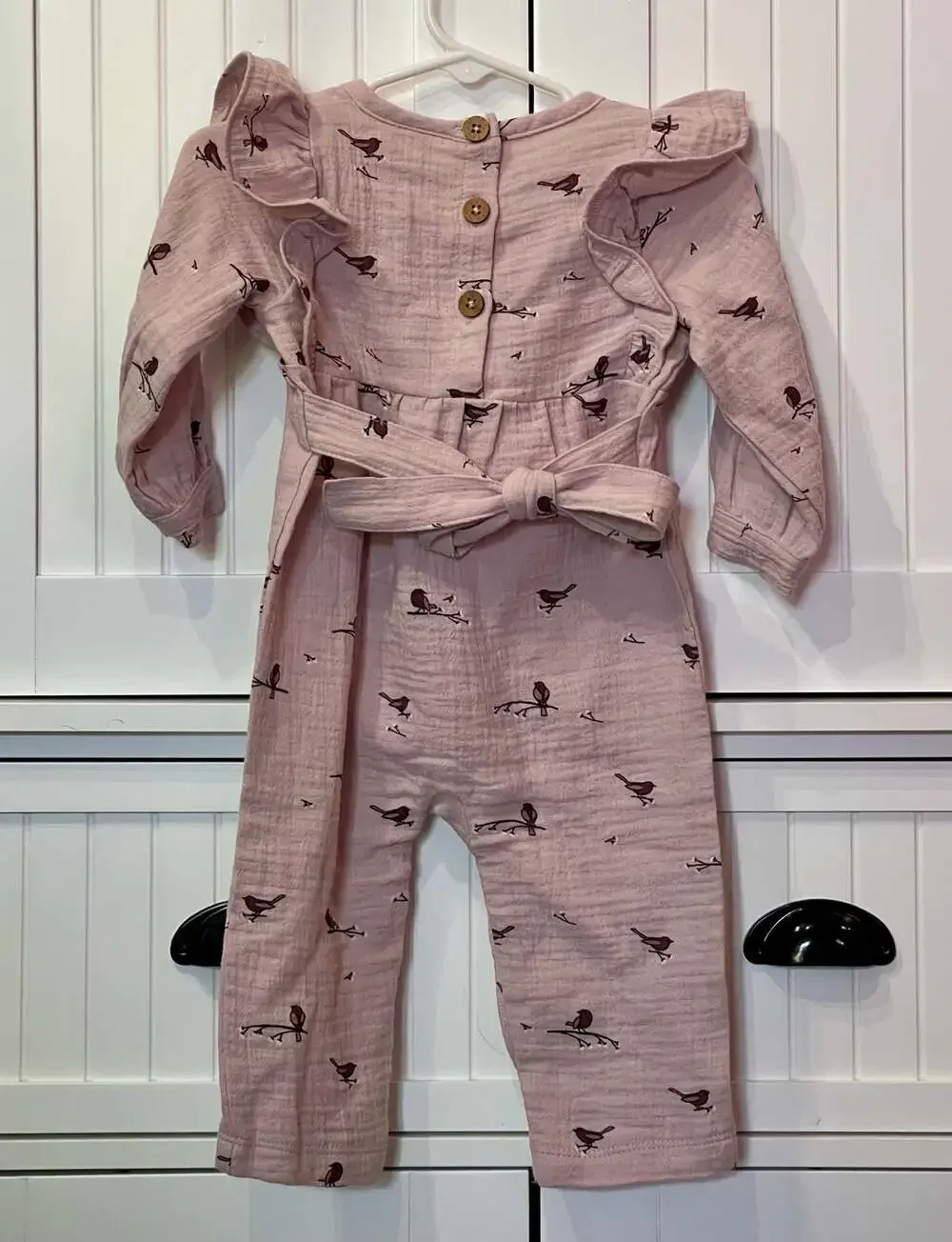 City Mouse Flutter Sleeve Long Romper in Lavender Birds Print